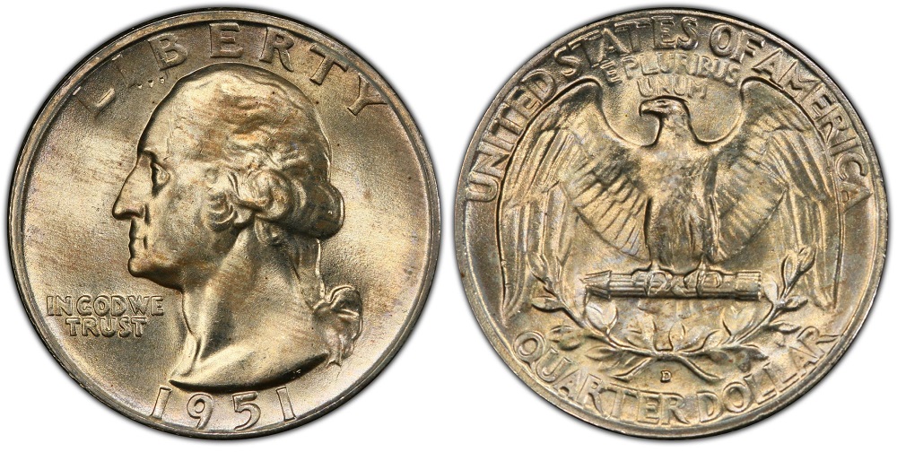 Side-by-side comparison of regular 1951-D quarter vs 1951-D DDO FS-101 showing lettering doubling in IN GOD WE TRUST