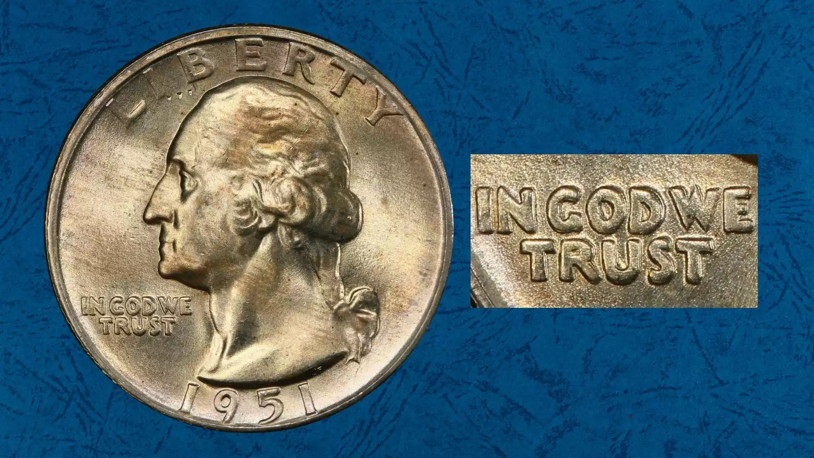 1951-D quarter DDO FS-101 Doubled Die Obverse showing doubling in IN GOD WE TRUST lettering under magnification