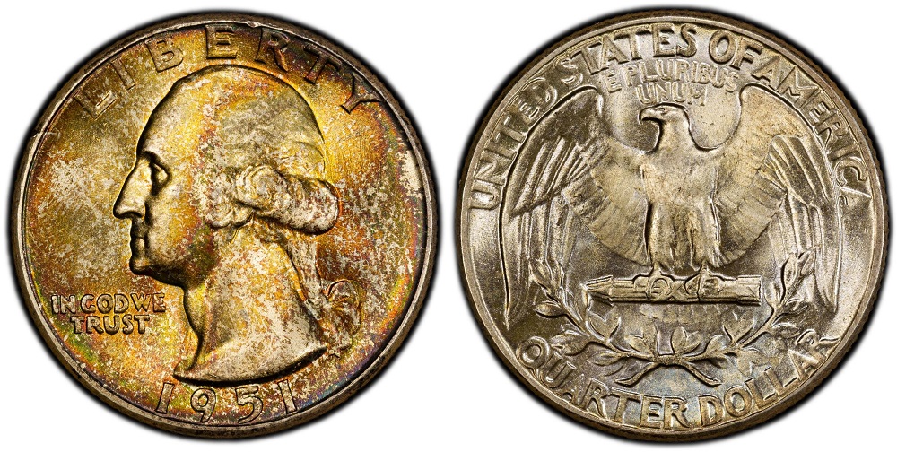 Grading strip of four 1951 Washington quarters showing Good, Very Fine, About Uncirculated, and Gem Mint State condition tiers side by side
